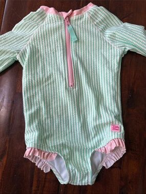 Ruffle Butts Mint Green and Pink Striped Rash Guard One-Piece